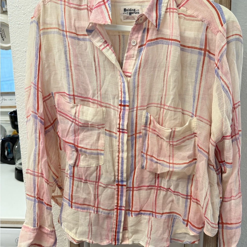 Holding Horses for Anthropologie Shirt Pink Plaid Pockets Size Small